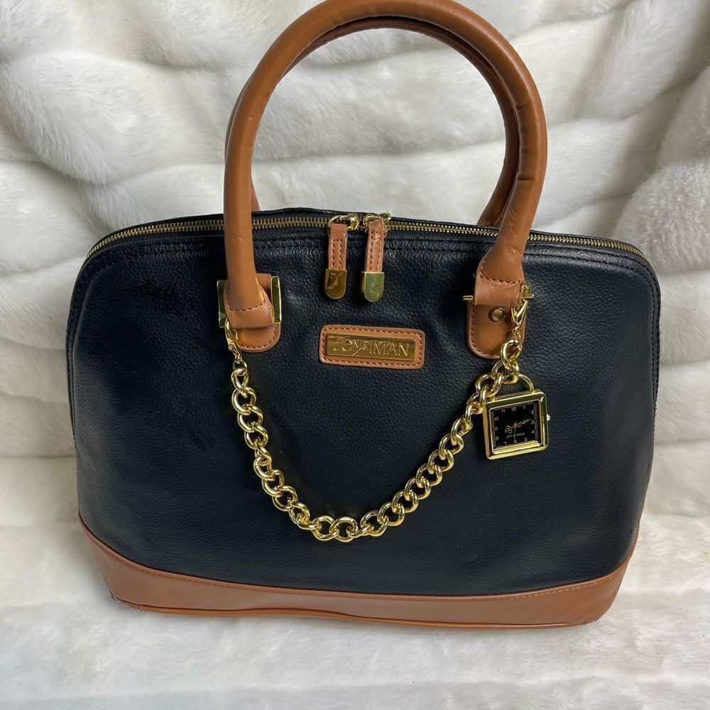 Joy & IMAN faux leather black and brown satchel bag with gold tone accen…
